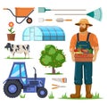 Farm or garden items and farmer with harvest.