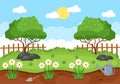 Farm Gardener Background Vector Illustration With A Landscape Of Gardens, Flowers, Vegetables Planted, Wheelbarrow, Shovel And