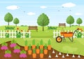 Farm Gardener Background Vector Illustration With A Landscape Of Gardens, Flowers, Vegetables Planted, Wheelbarrow, Shovel And Royalty Free Stock Photo