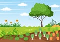 Farm Gardener Background Vector Illustration With A Landscape Of Gardens, Flowers, Vegetables Planted, Wheelbarrow, Shovel And