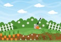 Farm Gardener Background Vector Illustration With A Landscape Of Gardens, Flowers, Vegetables Planted, Wheelbarrow, Shovel And