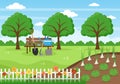 Farm Gardener Background Vector Illustration With A Landscape Of Gardens, Flowers, Vegetables Planted, Wheelbarrow, Shovel And