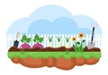 Farm Gardener Background Vector Illustration With A Landscape Of Gardens, Flowers, Vegetables Planted, Wheelbarrow, Shovel And