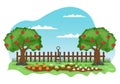 Farm Gardener Background Vector Illustration With A Landscape Of Gardens, Flowers, Vegetables Planted, Wheelbarrow, Shovel And Royalty Free Stock Photo