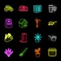 Farm and gardening neon icons in set collection for design. Farm and equipment vector symbol stock web illustration. Royalty Free Stock Photo