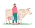 Farm girl with cow and milk. Livestock farming concept, Domestic cattle animals. Female agricultural Farmer character. Royalty Free Stock Photo