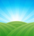 Farm green fields with hills under blue clear summer sky - Vector illustration.