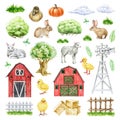 Farm hand drawn bundle. Watercolor illustration. Red barn, fence, farm animals, tree, bush, windmill element set. Ranch Royalty Free Stock Photo
