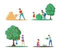 Farm harvesting season vector illustrations set. Cartoon rancher working with pitchfork near haystack, mother and child