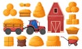 Farm hay making, hayloft, straw barn and agricultural tractor. Dried hay in wooden box and wheelbarrow, tractor, farm