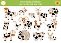 On the farm hide and seek game. Farm matching activity for kids. Rural village seek and find worksheet. Simple printable game with