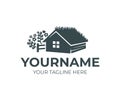 Farm home with grass on roof or green roof, fence and herbs, logo design. House or home rustic, rural scene and countryside, vecto