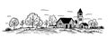 farm. horizontal landscape with fields and farm house. vintage drawing in sketch style. black and white illustration Royalty Free Stock Photo