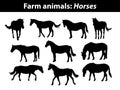 Farm Horses Silhouettes Set in Black Royalty Free Stock Photo