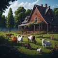 Farm House With Large Green Yard With Flowers and Animals , Trees and Stone Path, Sunny day Generative Ai