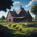 Farm House With Large Green Yard With Flowers and Animals , Trees and Stone Path, Sunny day Generative Ai