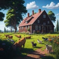 Farm House With Large Green Yard With Flowers and Animals , Trees and Stone Path, Sunny day Generative Ai