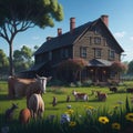 Farm House With Large Green Yard With Flowers and Animals , Trees and Stone Path, Sunny day Generative Ai