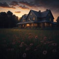 Farm House With Large Green Yard With Flowers , Trees and Stone Path, Sunset Generative Ai