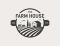 Farm House vector logo with barn, cows and fields