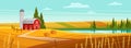 Farm house in village landscape, rural scene with red barn, road through wheat fields Royalty Free Stock Photo