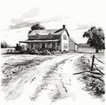 Farm house vintage engraving. Farmers cottage countryside etch graphics, village farmhouse scene hand-drawn sketch