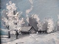 farm house winter forest landscape painting Royalty Free Stock Photo