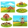 Farm household or farmer agriculture vector flat farming field and cattle pasture Royalty Free Stock Photo