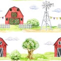 Farm houses, countryside elements seamless pattern. Watercolor illustration. Hand drawn red barn, windmill, white fence