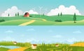 Farm houses on farmland green field, summer rural scene with European village set