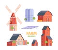 Farm houses. Old village constructions medieval rural buildings and agricultural objects garish vector illustrations set Royalty Free Stock Photo