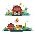 Farm with Houses - Vector Flat Design Cartoon