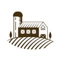 Farm houses for wheat harvest storage, retro scene with barn and tower on farmland Royalty Free Stock Photo