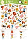 On the farm I spy game for kids. Searching and counting activity with farmer, tractor, barn, cow. Rural village printable