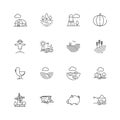 Farm icons. Agricultural objects agrarian farm fields landscape rural specific vehicle tractor vector thin line symbols