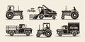 Farm icons set. Agricultural industry, farmer, harvester, tractor, truck symbol. Vintage vector illustration