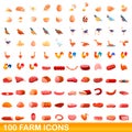 100 farm icons set, cartoon style