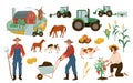 Farm illustrations vector set. Farmers working with wheelbarrow, gathering tomato harvest. Agricultural cute design Royalty Free Stock Photo