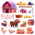 Farm isolated icons set. Farmyard, animals, barn