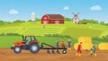 Farm land scenery landscape with farmer and farming village with modern flat style