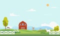 Farm landscape with animal.Summer farm landscape with trees, clouds , mountains and sun. Royalty Free Stock Photo