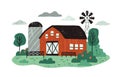 Farm landscape with barn or hangar, windmill, silage tower, green garden and lawn. Farmland in summer. Organic farming