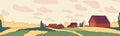 Farm landscape with barns and fields under a cloudy sky featuring green and yellow crops rustic scenery digital art Royalty Free Stock Photo