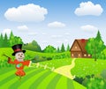 Farm landscape with cartoon scarecrow