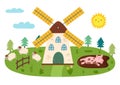 Farm landscape in cartoon style with windmill, pig and sheep. Summer green meadow