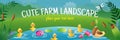 Farm landscape. Cute farming animals. Ducks family swimming in pond. Green grass meadow and forest. Cartoon yellow