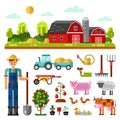 Farm landscape, farm animals and utensils
