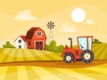 Farm landscape with green field, house and tractor