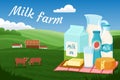 Farm landscape. Green land with milk products. Cows and village houses. Dairy food in nature morning. Fresh yogurt glass