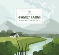 Farm landscape with house, mountains and a river. Nature. Royalty Free Stock Photo